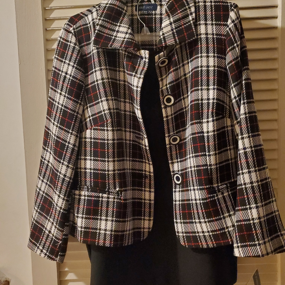 Black, white and red women's suit set, jacket and skirt